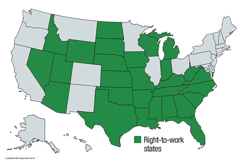 States highlighted in green with right-to-work legislation